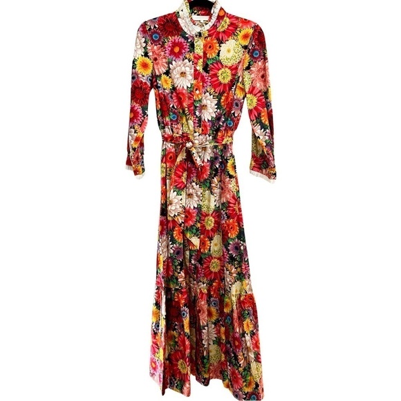 BORGO DE NOR Floral Button Down Belted Cotton Midi Dress Sz 6 - Picture 3 of 9